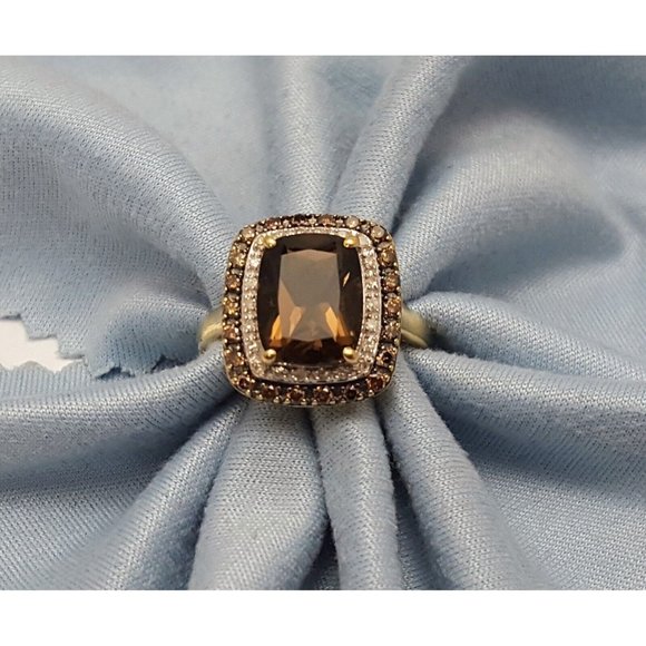 Elegant 14K Solid Yellow Gold Designer Smoky Quartz, White & Brown Diamond Ring